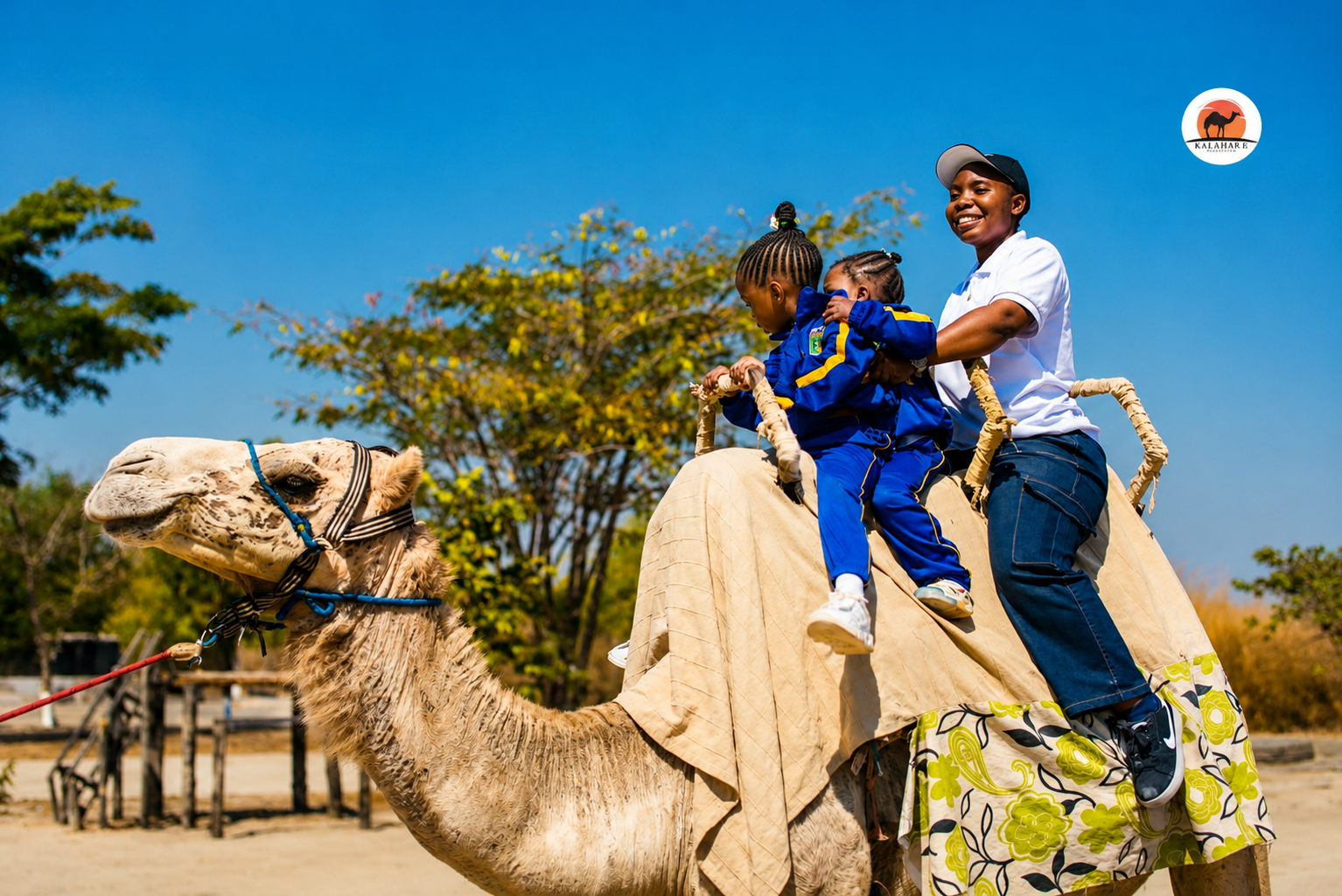 A teacher accompanying young learners on a camel ride during a school excursion