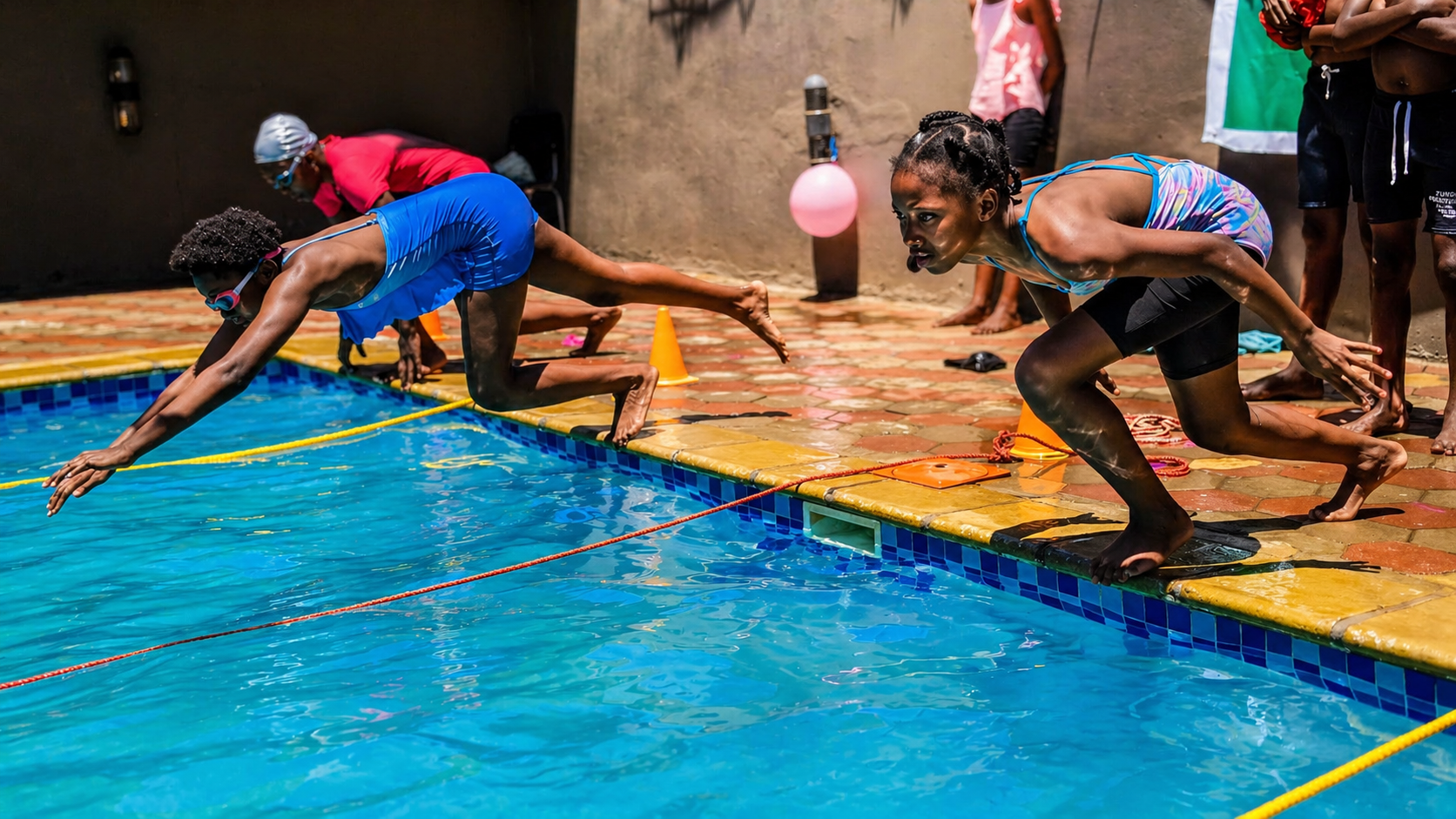 Learners diving into the pool at a school swimming gala